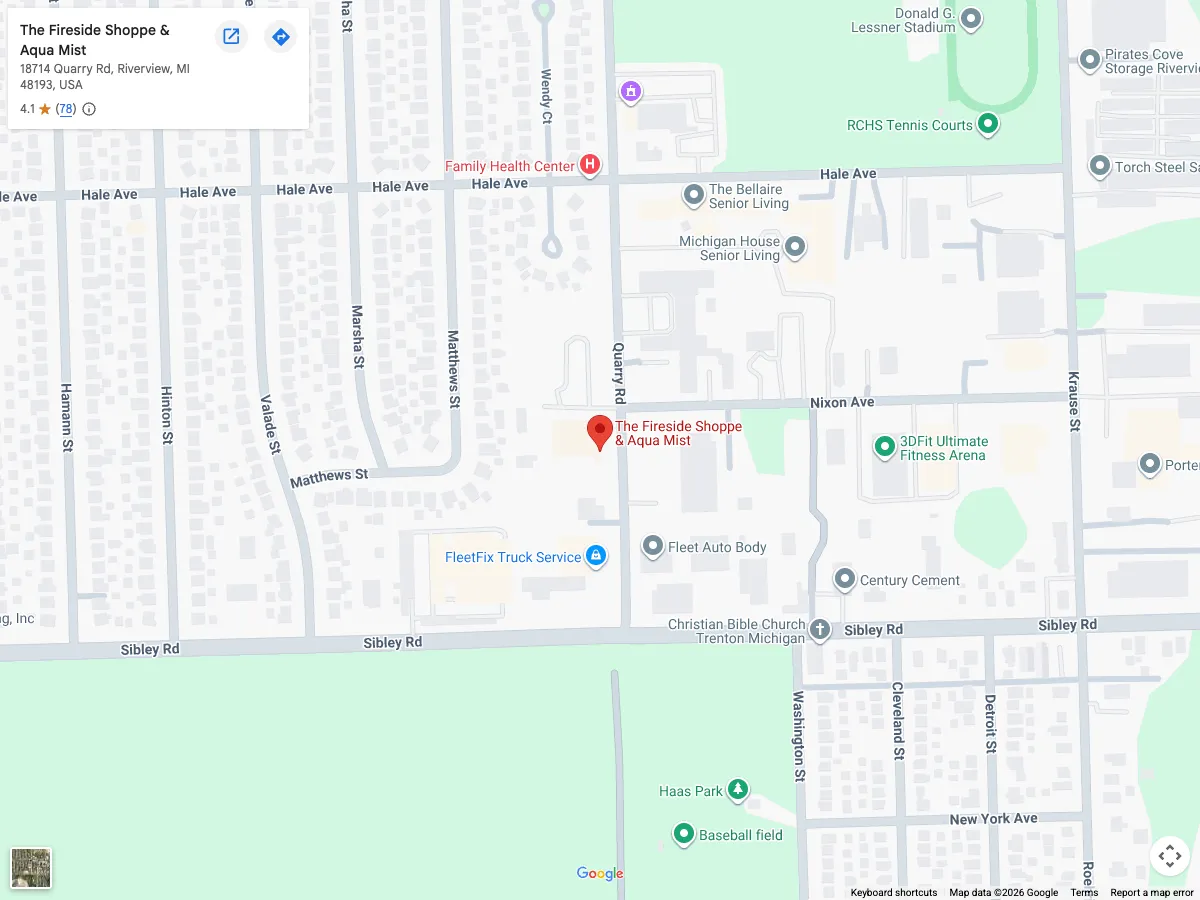 Map of Riverview showing the Fireside Shoppe & Aqua Mist pin at 18714 Quarry Road
