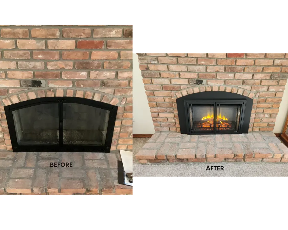 Before and after: an open masonry fireplace converted to an efficient insert