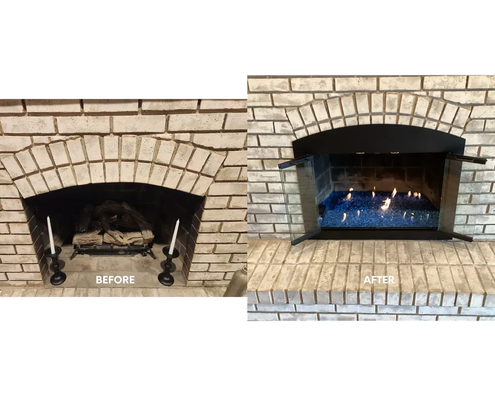 Before and after: an arched masonry opening fitted with a sealed insert