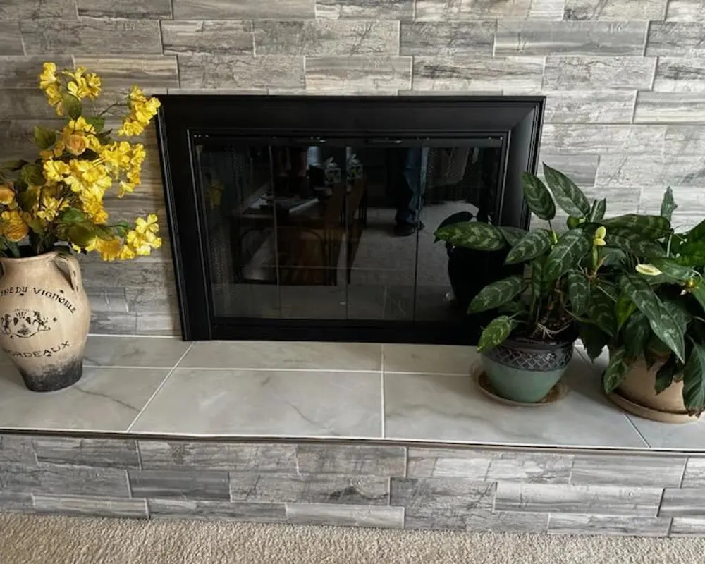 New glass doors and stone hearth with plants
