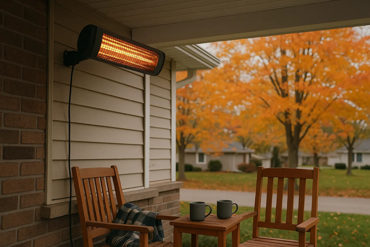 A wall-mounted infrared patio heater glowing over porch chairs and coffee mugs on a crisp Michigan fall afternoon